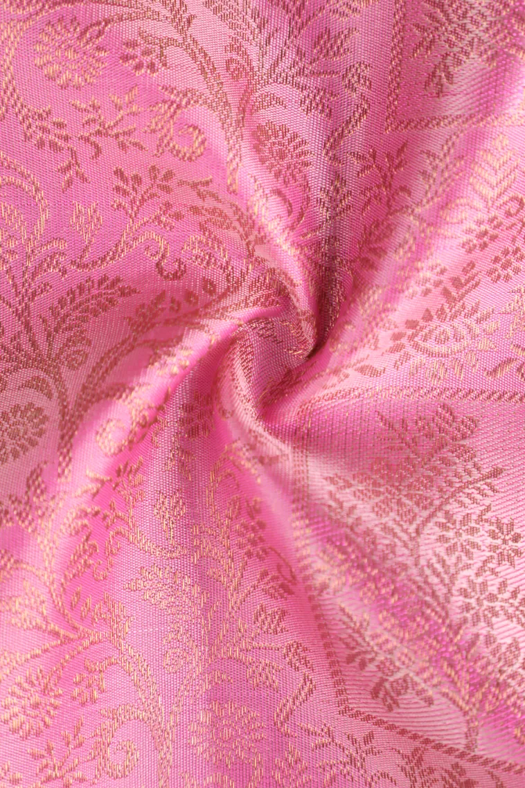 Rose Pink Kanchipuram Silk Sarees with Gold Zari Floral Patterns view 4