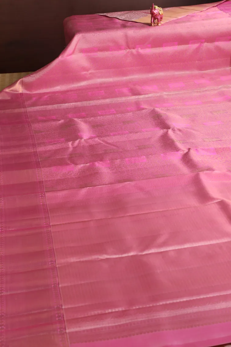Rose Pink Kanchipuram Silk Sarees with Gold Zari Floral Patterns view 2