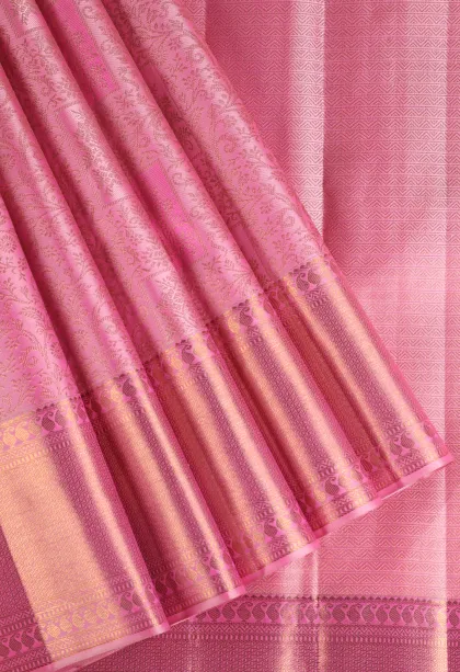 Rose Pink Kanchipuram Silk Sarees with Gold Zari Floral Patterns