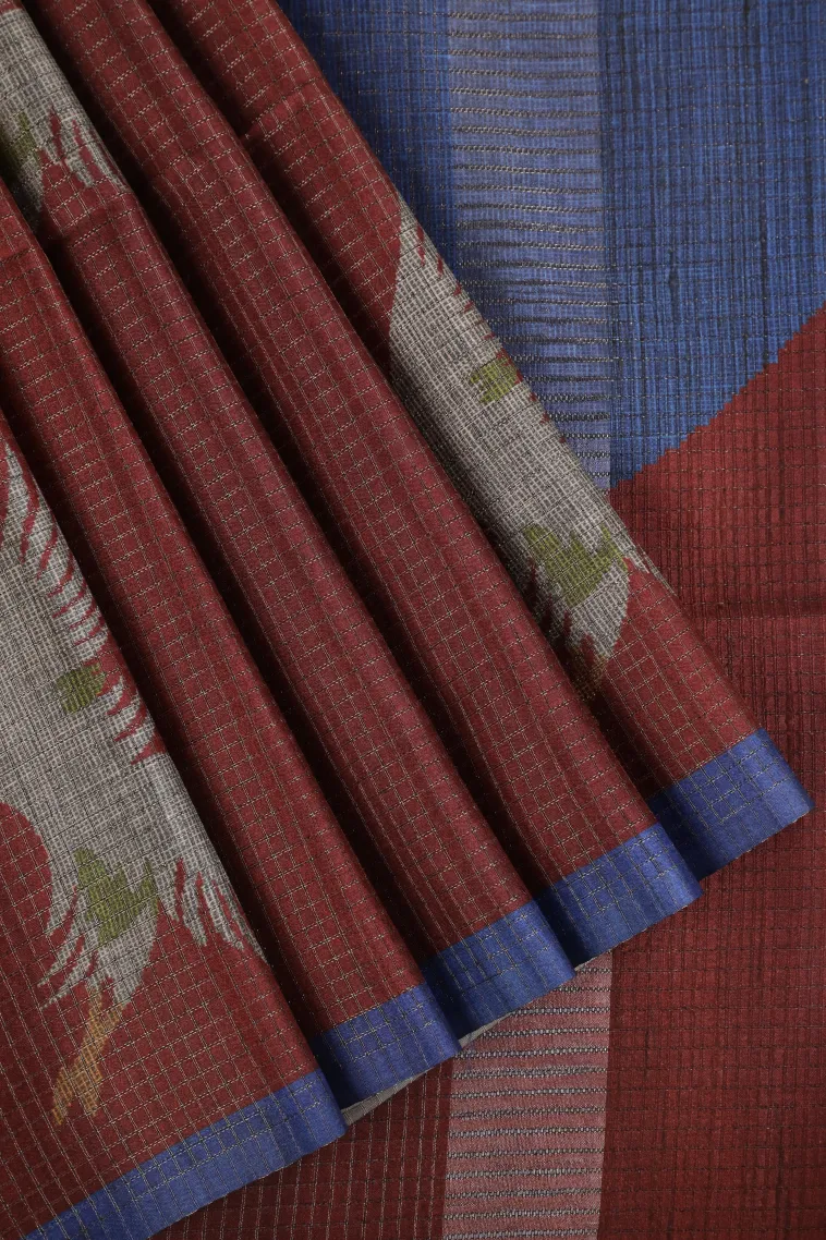 Berry Red Tussar Saree with Gold Zari Small Checks Pattern