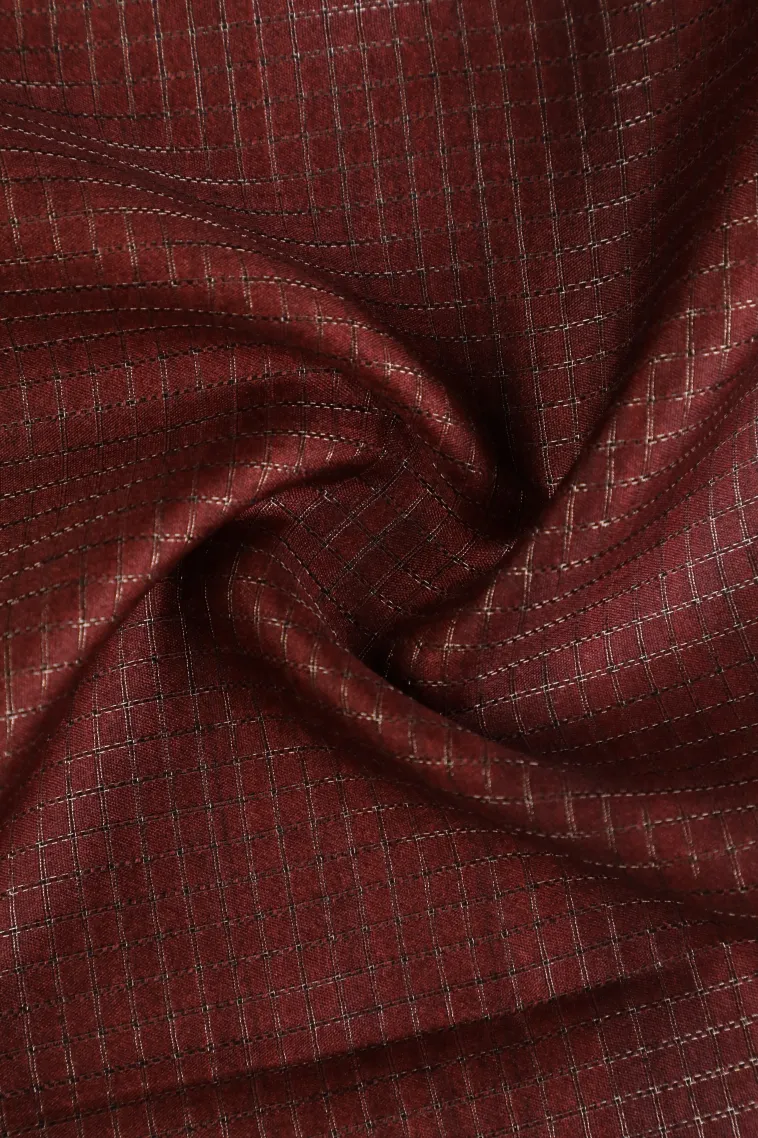 Berry Red Tussar Saree with Gold Zari Small Checks Pattern view 4