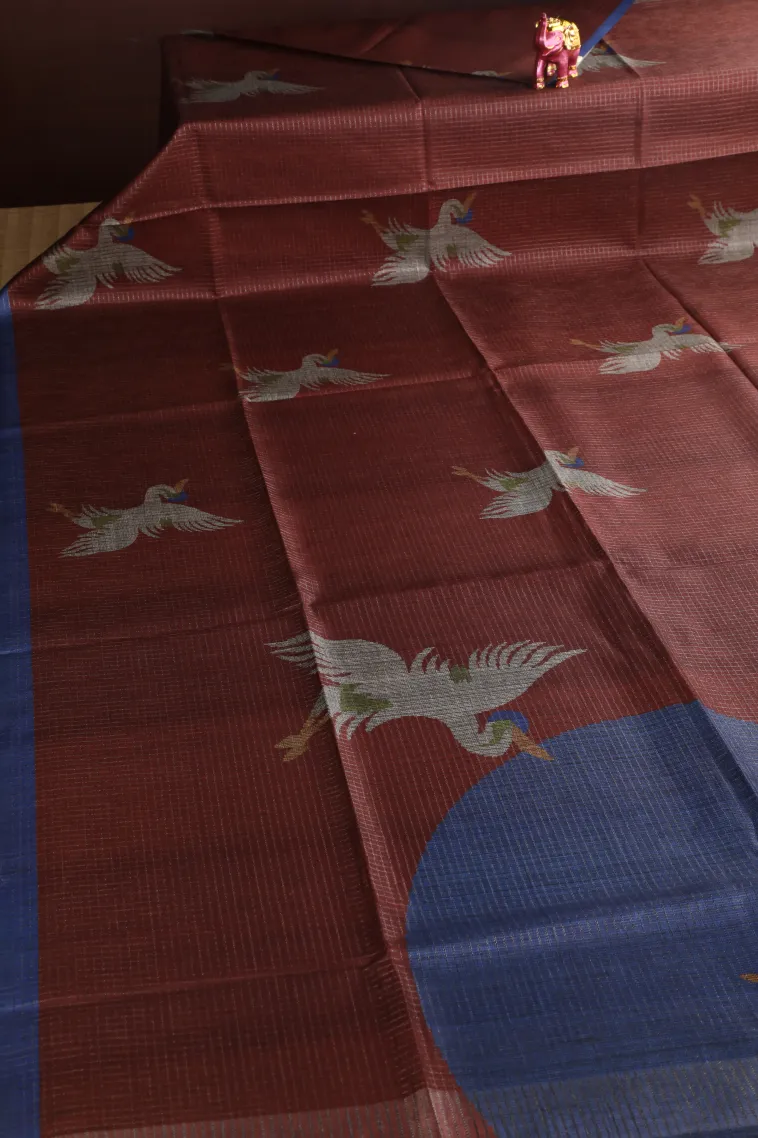 Berry Red Tussar Saree with Gold Zari Small Checks Pattern view 2