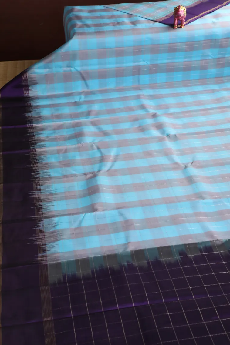 Arctic Blue Soft Silk Saree with Gold And Silver Zari Checks view 2