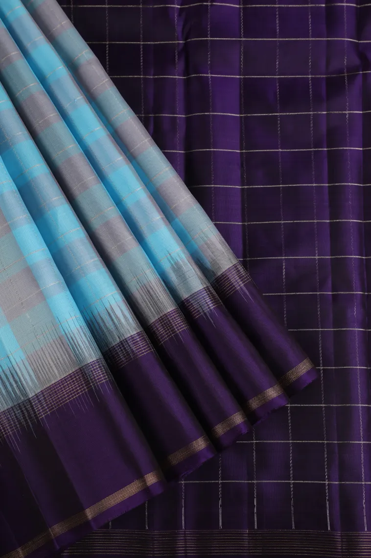 Arctic Blue Soft Silk Saree with Gold And Silver Zari Checks