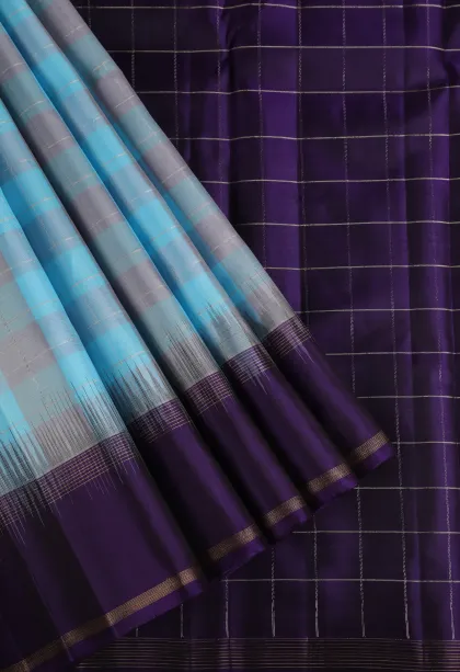 Arctic Blue Soft Silk Saree with Gold And Silver Zari Checks