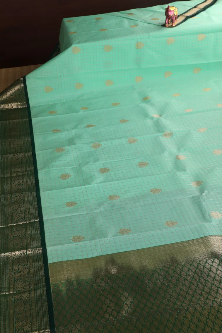 Seafoam Green Visiri Madippu Silk Sarees with Gold Zari Checks And Puttas view 2