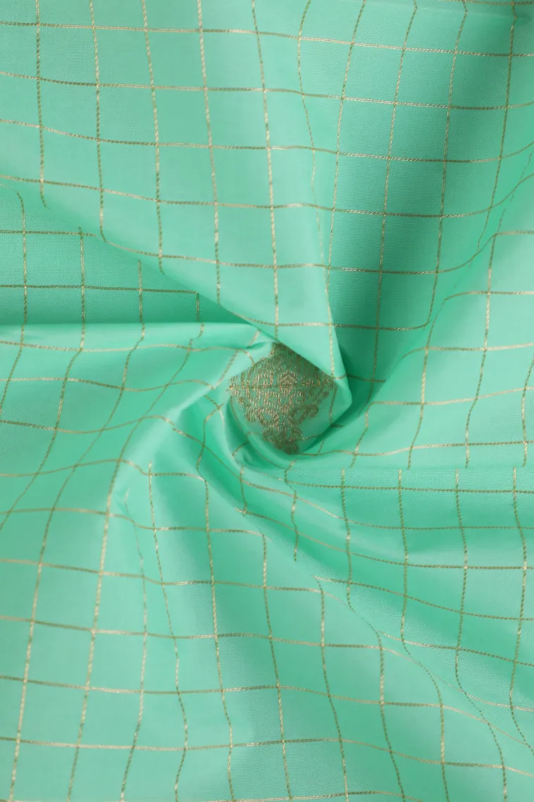 Seafoam Green Visiri Madippu Silk Sarees with Gold Zari Checks And Puttas view 4