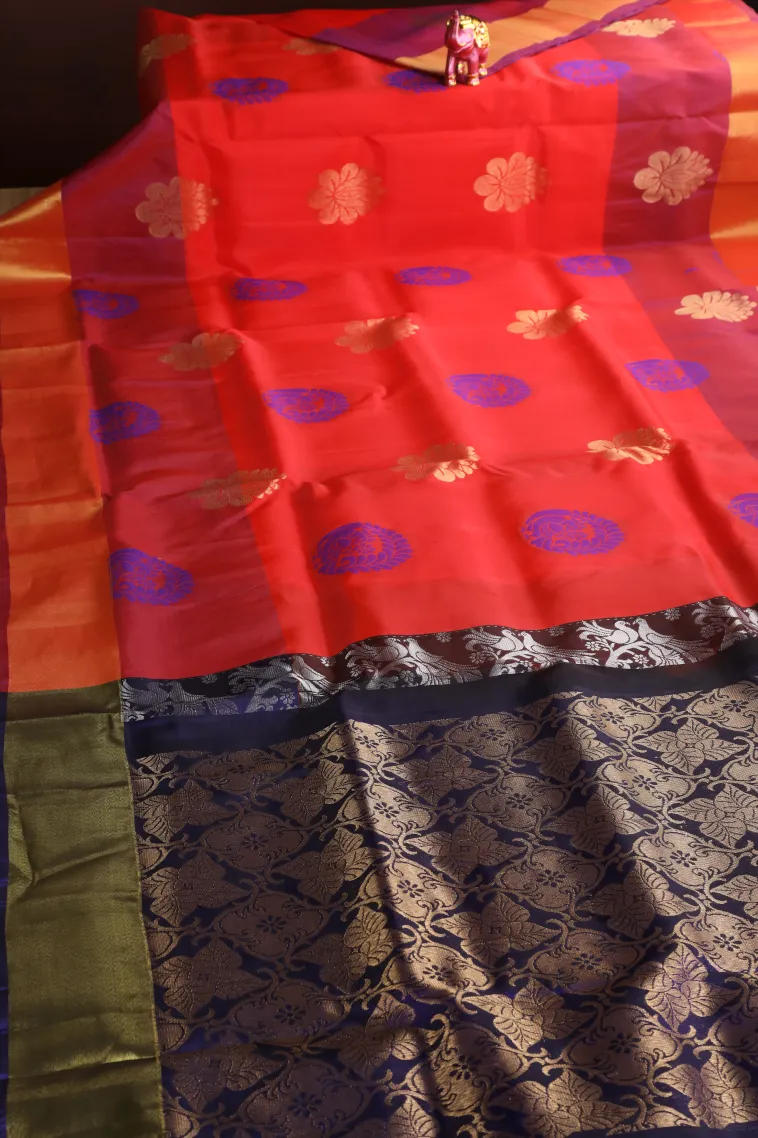 Rose Red Soft Silk Saree with Gold And Silver Zari Peacock Motifs view 2