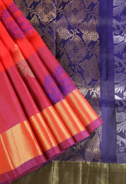 Rose Red Soft Silk Saree with Gold And Silver Zari Peacock Motifs