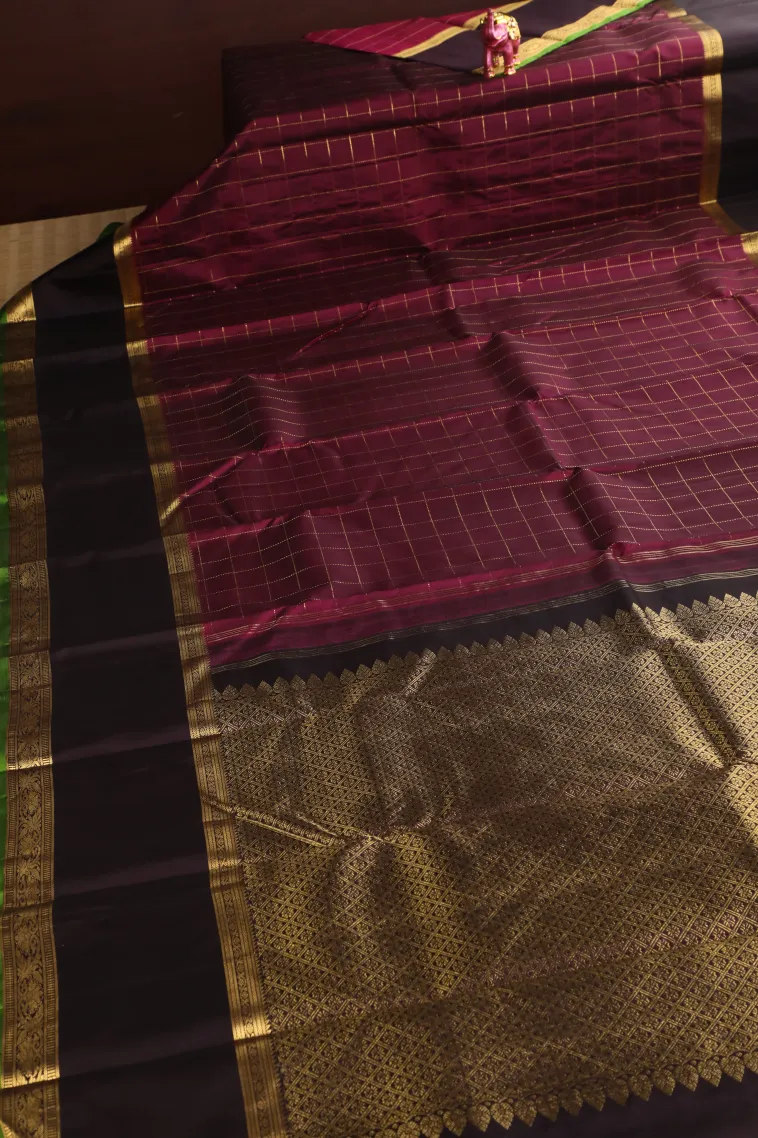 Magenta Purple Kanchipuram Silk Sarees with Gold Zari Checks view 2