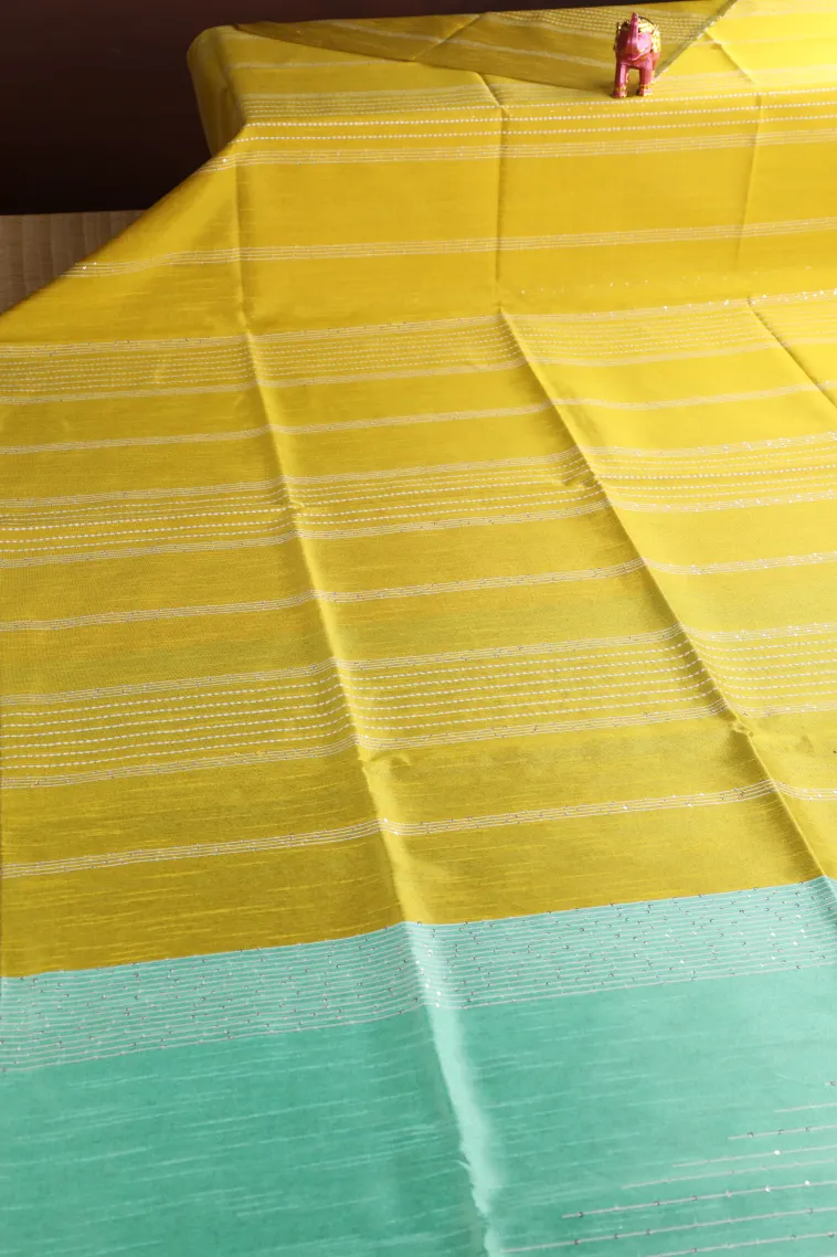 Lemon Yellow Jute Sarees with Thread Zari Stripes view 2