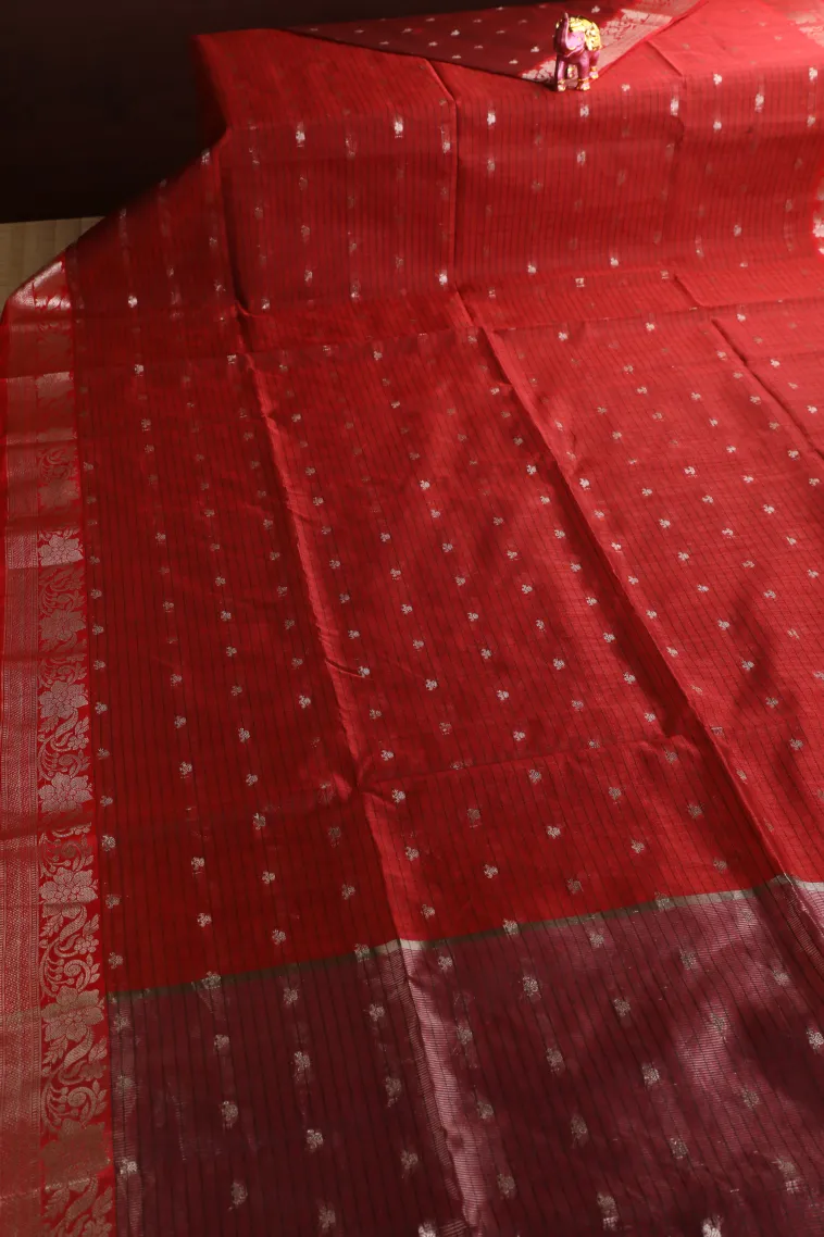Berry Red Semi Tussar Silk with Silver Zari Stripes And Puttas view 2