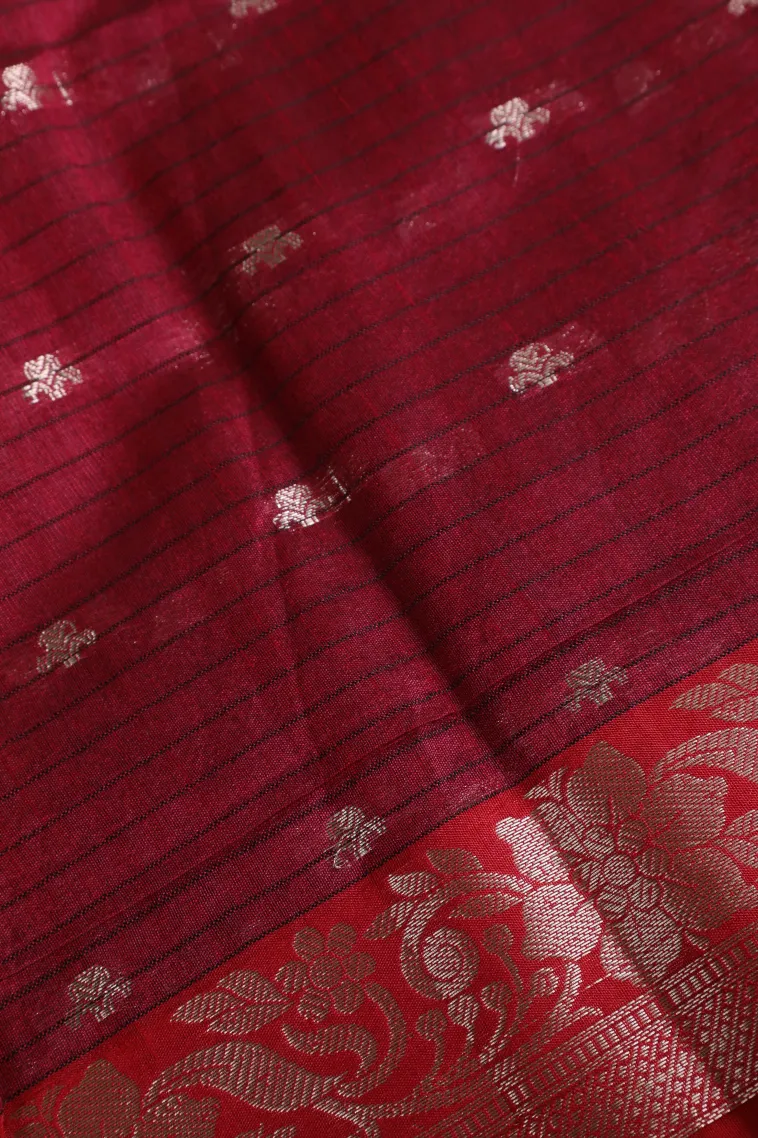 Berry Red Semi Tussar Silk with Silver Zari Stripes And Puttas view 3