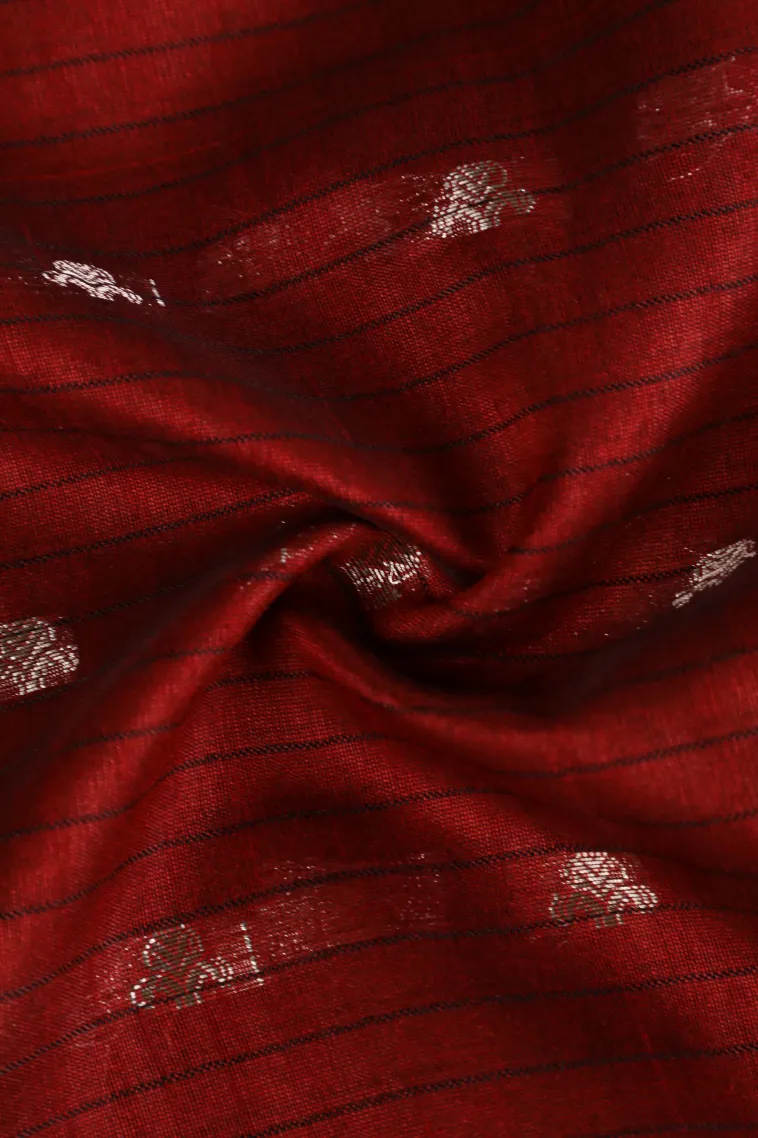 Berry Red Semi Tussar Silk with Silver Zari Stripes And Puttas view 4