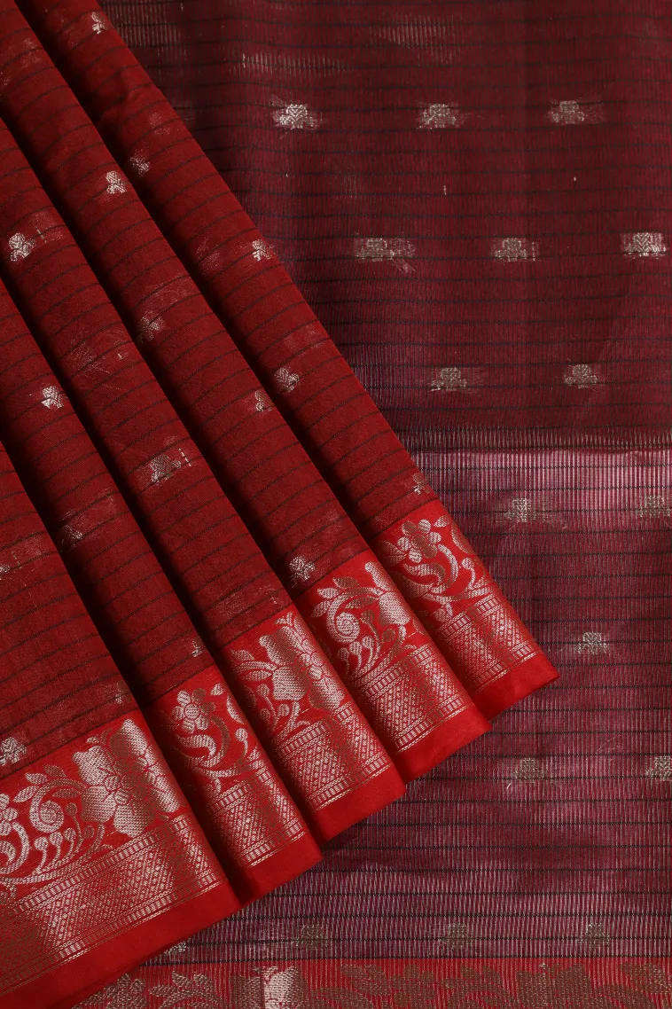 Berry Red Semi Tussar Silk with Silver Zari Stripes And Puttas