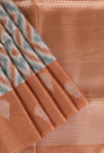 Cotton White Tussar Saree with Gold And Silver Zari Geometric Shapes