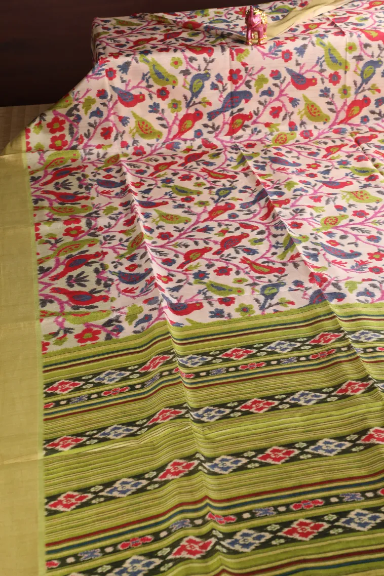 Cotton White Semi Tussar Silk with Gold Zari Birds And Floral Pattern view 2