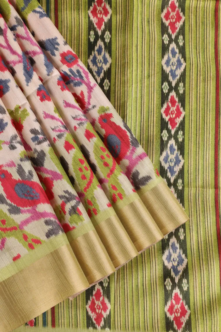 Cotton White Semi Tussar Silk with Gold Zari Birds And Floral Pattern
