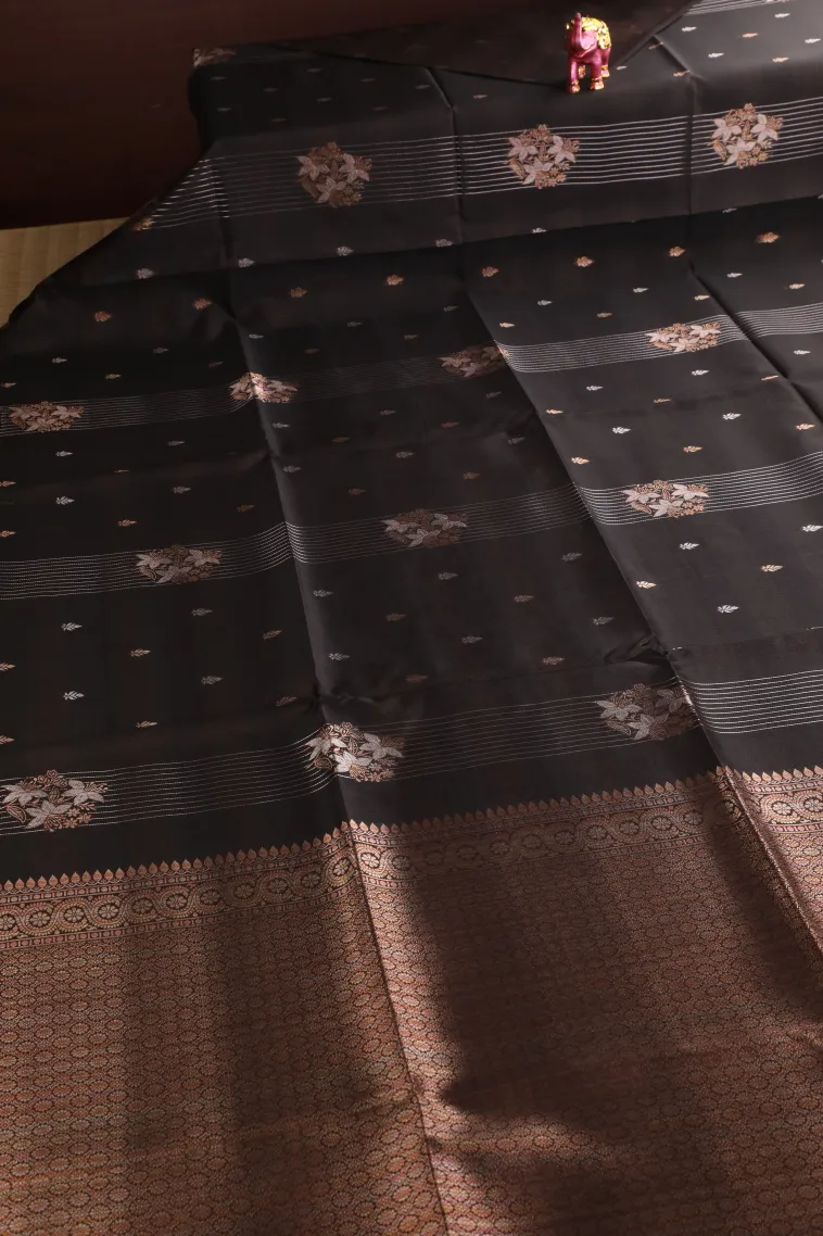 Coffee Brown Tussar Saree with Copper And Silver Zari Stripes And Puttas view 2