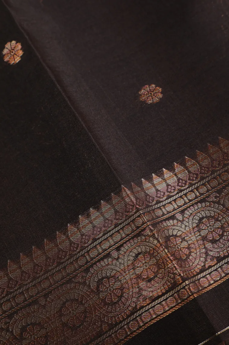 Coffee Brown Tussar Saree with Copper And Silver Zari Stripes And Puttas view 3