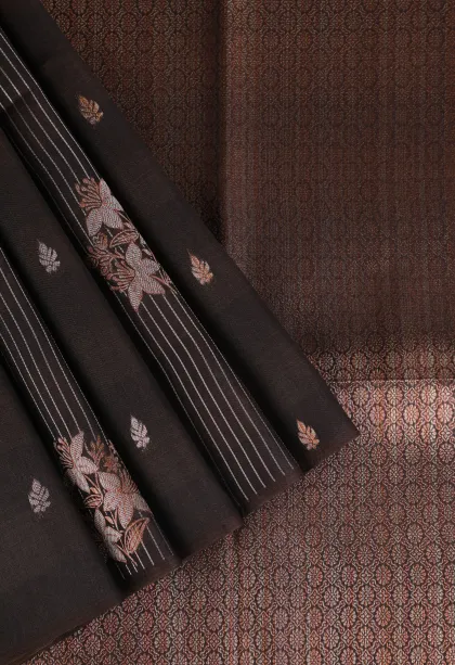 Coffee Brown Tussar Saree with Copper And Silver Zari Stripes And Puttas