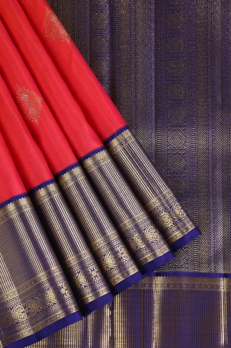 Strawberry Pink Kanchipuram Silk Sarees with Gold Zari Buttis (small Dots Or Motifs)