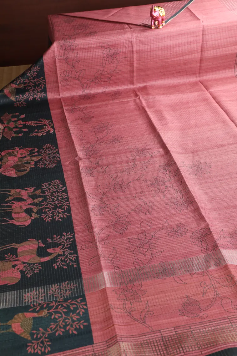 Crepe Pink Tussar Saree with Thread Zari Floral Patterns view 2