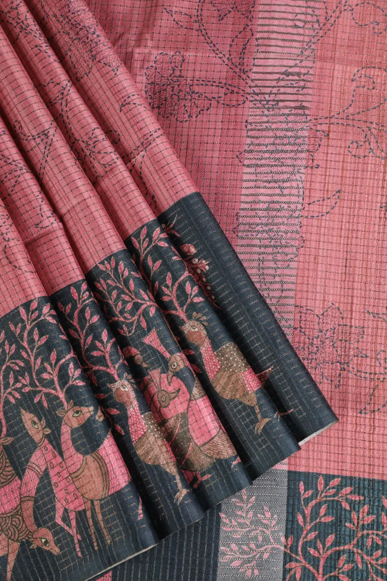 Crepe Pink Tussar Saree with Thread Zari Floral Patterns