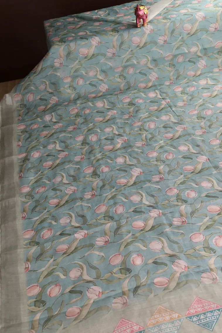 Sapphire Blue Linen Saree Without Zari With Floral Patterns view 2