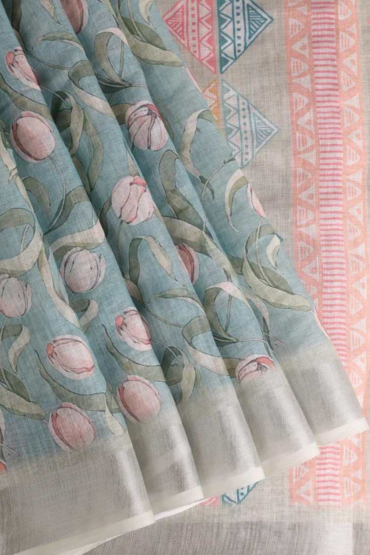 Sapphire Blue Linen Saree Without Zari With Floral Patterns