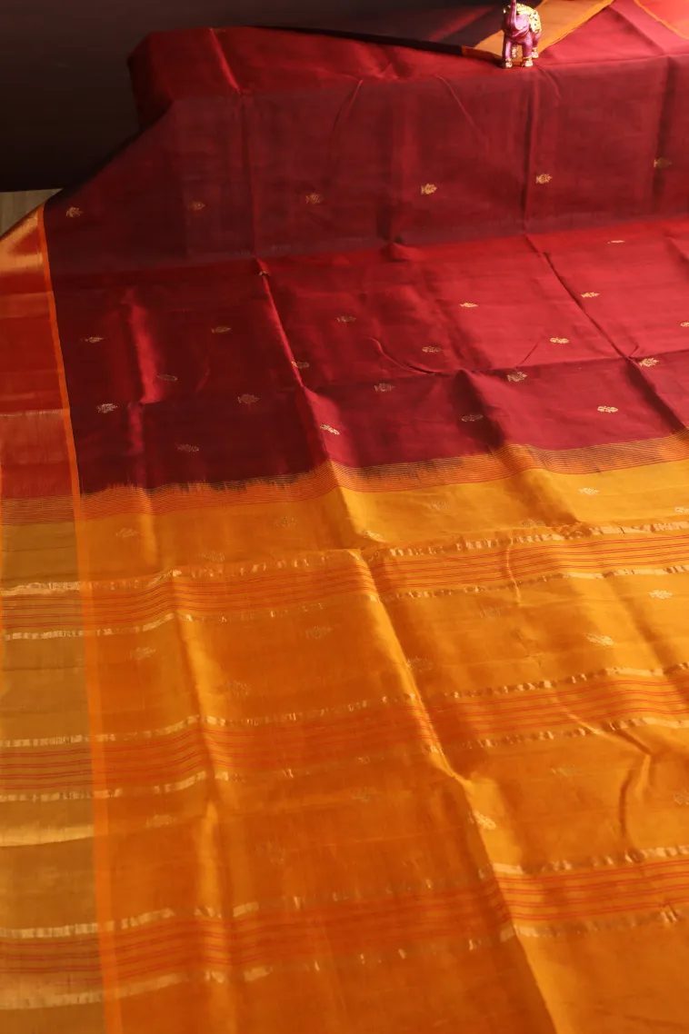 Berry Red Silk Cotton with Gold Zari Buttis (small Dots Or Motifs) view 2