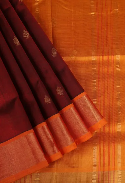 Berry Red Silk Cotton with Gold Zari Buttis (small Dots Or Motifs)