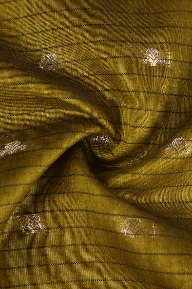 Olive Green Semi Tussar Silk with Silver Zari Stripes And Puttas view 4