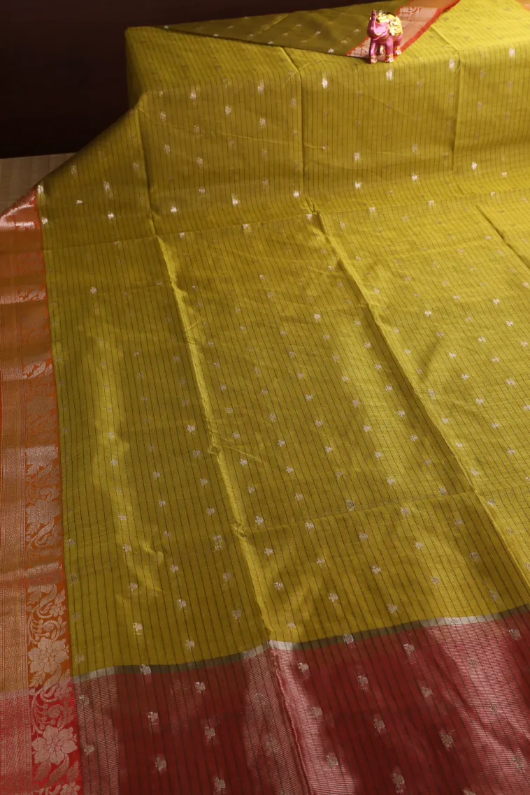 Olive Green Semi Tussar Silk with Silver Zari Stripes And Puttas view 2
