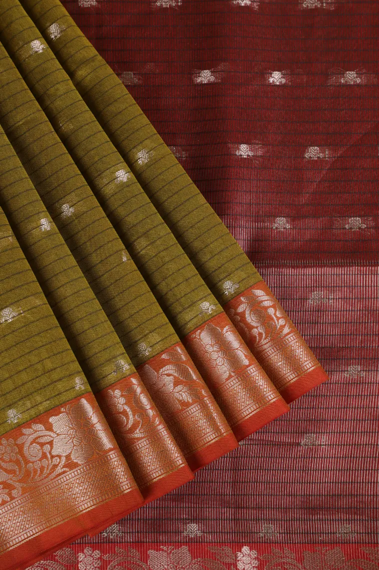 Olive Green Semi Tussar Silk with Silver Zari Stripes And Puttas