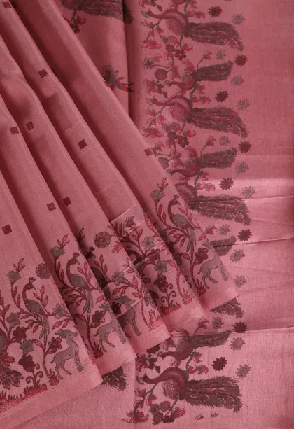 Mauve Semi Tussar Silk Without Zari With Peacock And Animal