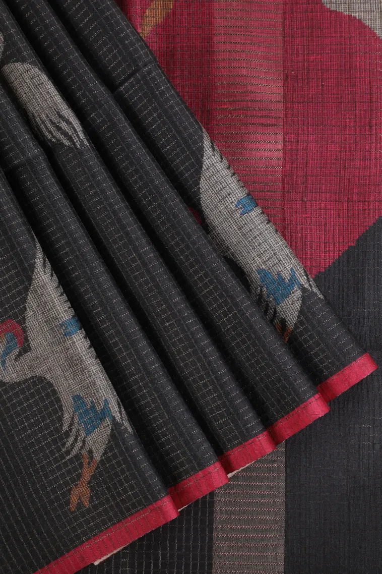 Asphalt Black Tussar Saree with Gold Zari Small Checks Pattern