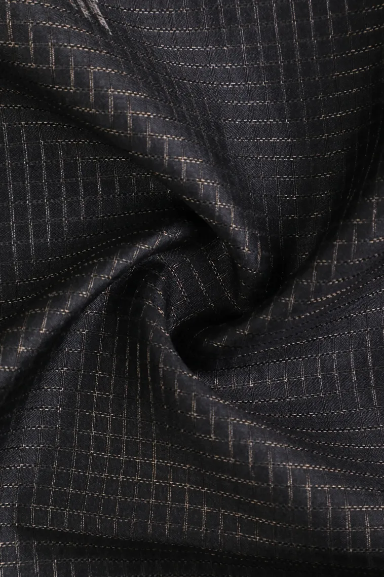 Asphalt Black Tussar Saree with Gold Zari Small Checks Pattern view 4