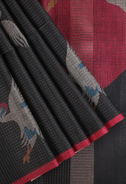 Asphalt Black Tussar Saree with Gold Zari Small Checks Pattern