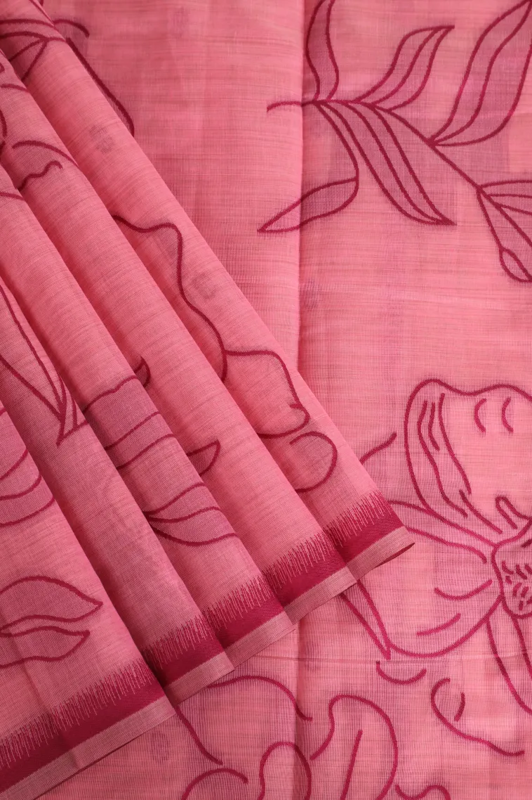 Ballet Pink Linen Saree Without Zari With Floral Patterns