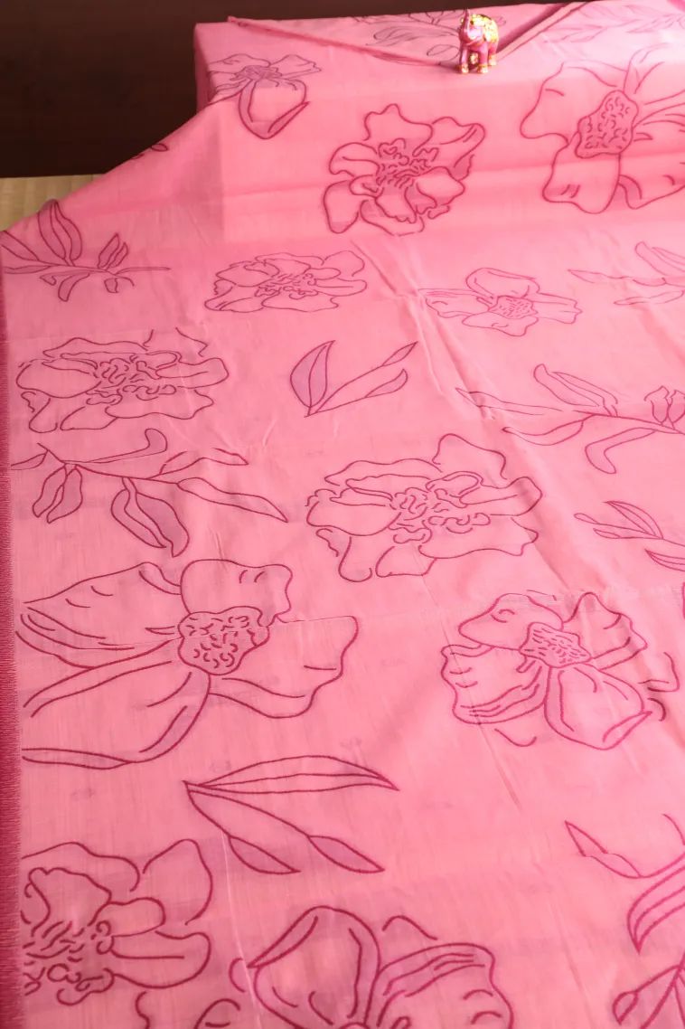 Ballet Pink Linen Saree Without Zari With Floral Patterns view 2