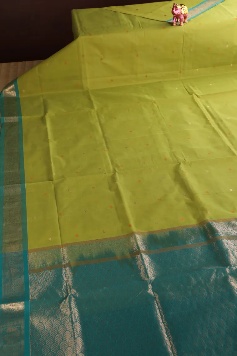 Olive Green Pure Handloom Kovai Cotton with Gold Zari Buttis (small Dots Or Motifs) view 2
