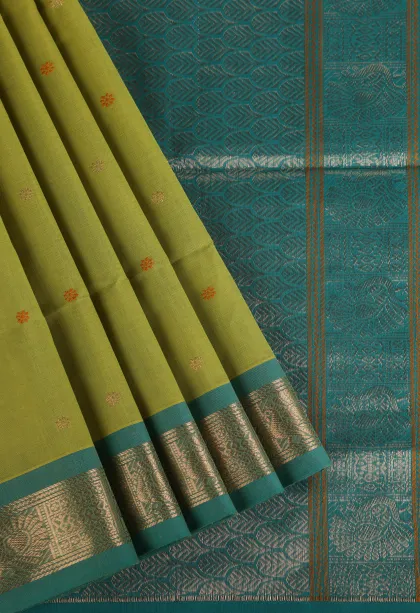 Olive Green Pure Handloom Kovai Cotton with Gold Zari Buttis (small Dots Or Motifs)