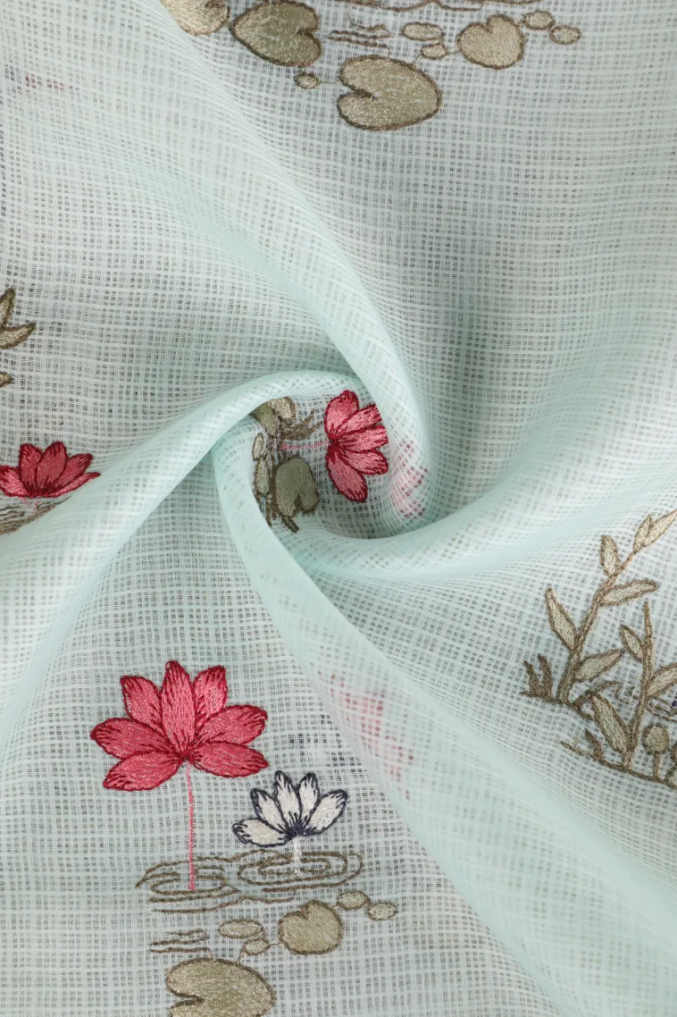 Sky Blue Manipuri Cotton Sarees with Thread Zari Birds And Floral Pattern view 4