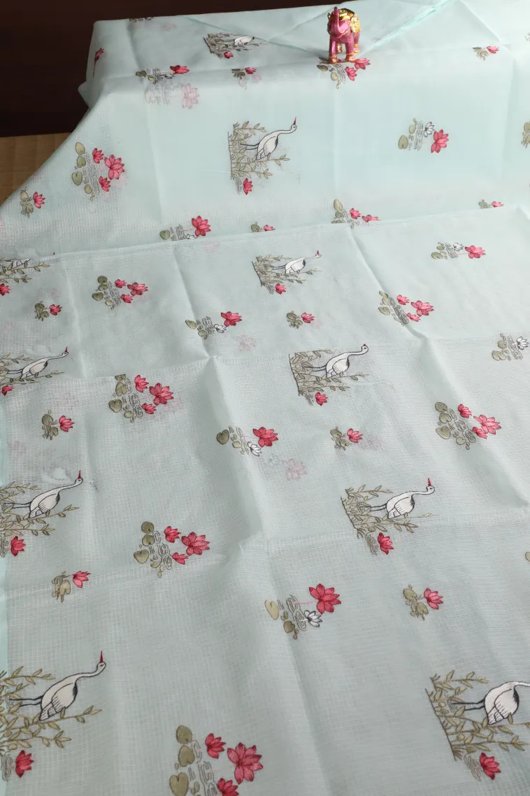 Sky Blue Manipuri Cotton Sarees with Thread Zari Birds And Floral Pattern view 2