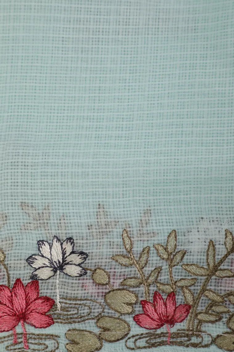 Sky Blue Manipuri Cotton Sarees with Thread Zari Birds And Floral Pattern view 3