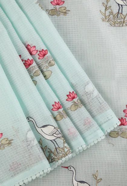 Sky Blue Manipuri Cotton Sarees with Thread Zari Birds And Floral Pattern