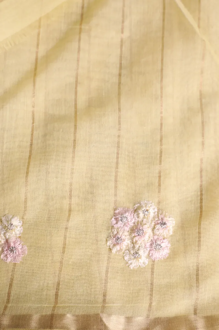 Shortbread Yellow Linen Saree with Gold Zari Stripes view 3