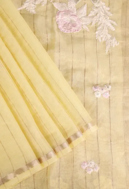 Shortbread Yellow Linen Saree with Gold Zari Stripes
