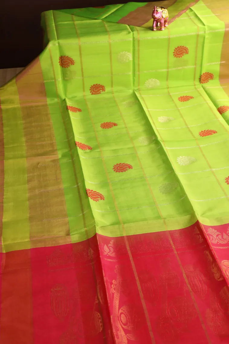 Chartreuse Green Soft Silk Saree with Gold Zari Checks And Puttas view 2